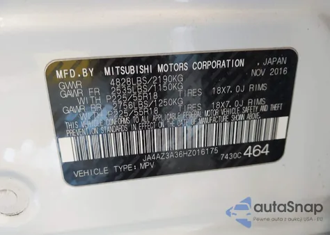 2017 Mitsubishi Outlander Se из США, поврежденный, VIN JA4AZ3A36HZ016175